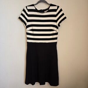 Loft Black and White Striped Fit & Flare Short Sleeve Dress with Pockets